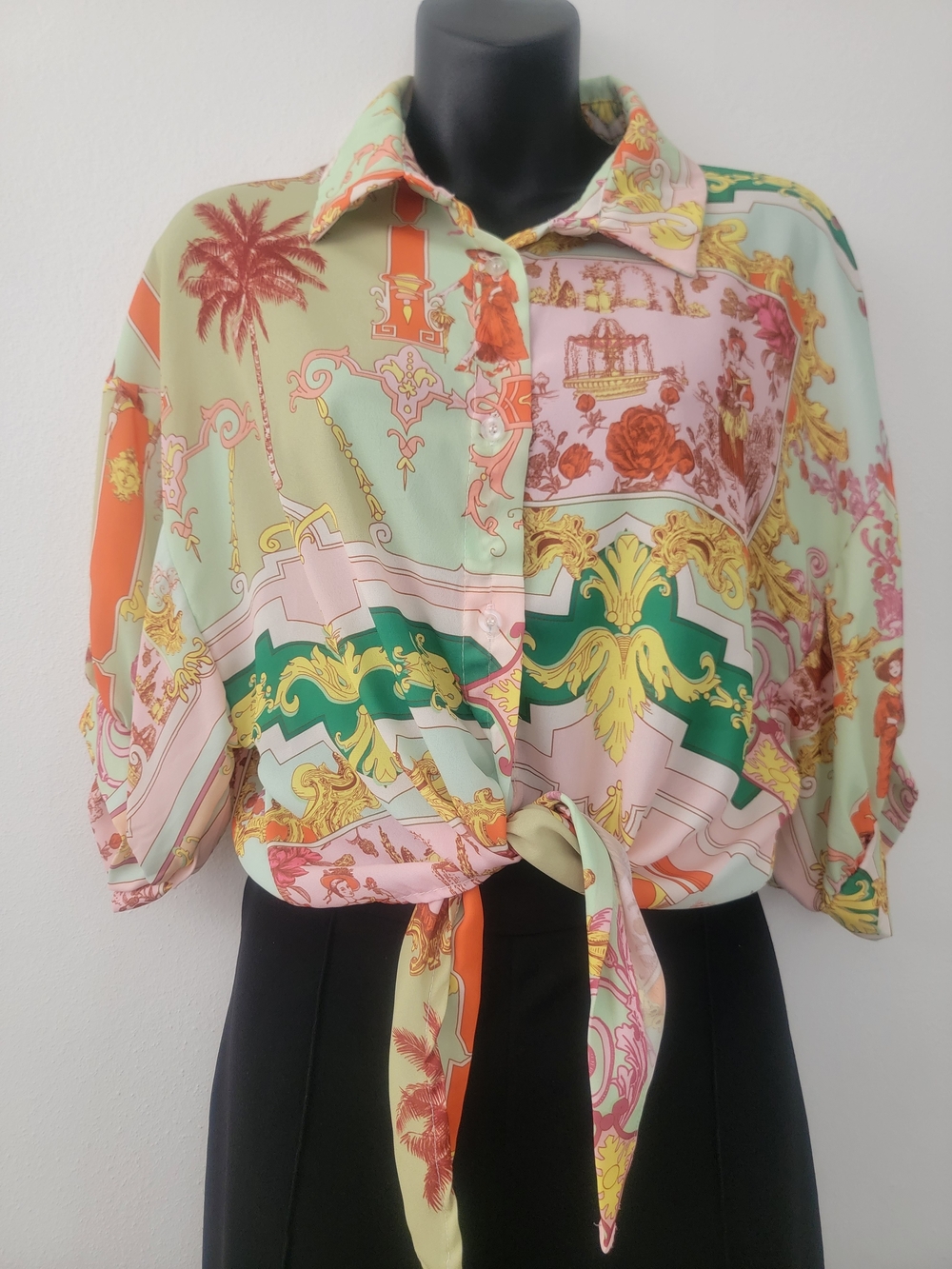 Printed Tie-Front Button-Up Blouse - Pastel Multi